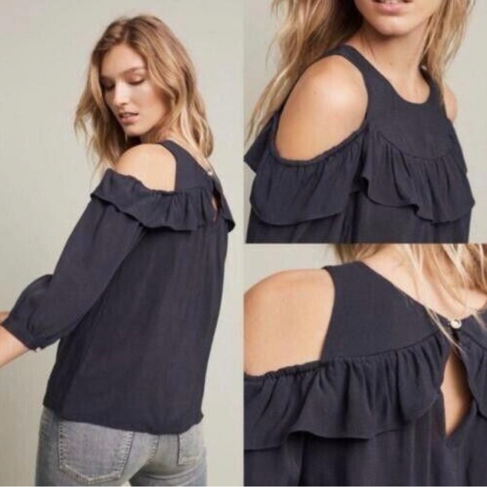 Maeve Anthropologie Black Cold Shoulder Blouse Top Ruffle Solid 6